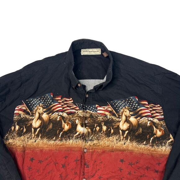 Bit & Bridle Wrap AOP Horse USA Flags Western Long Sleeve Shirt Black Red XL - Picture 3 of 4